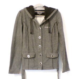 Guess Womens Small Gray Hooded Jacket With Button Details & Pockets coat